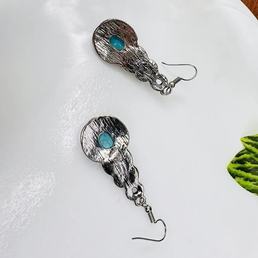Teal Blue Faux Turquoise Ribbon Braided Rhinestone Silver Tone Dangle Earrings